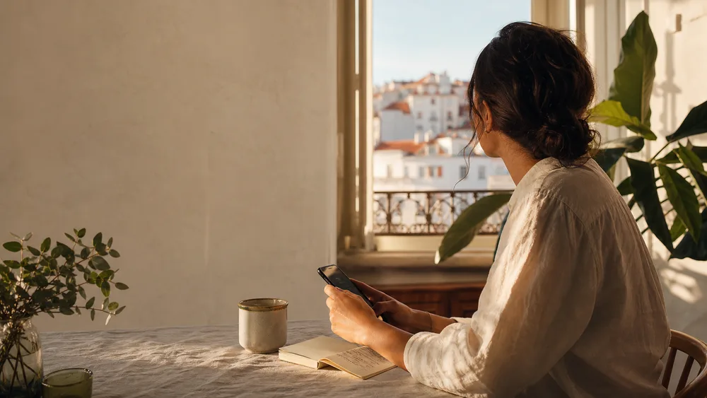 A job seeker checking their phone at home in Lisbon